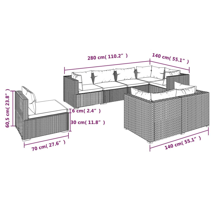 8-delige Loungeset met kussens poly rattan grijs