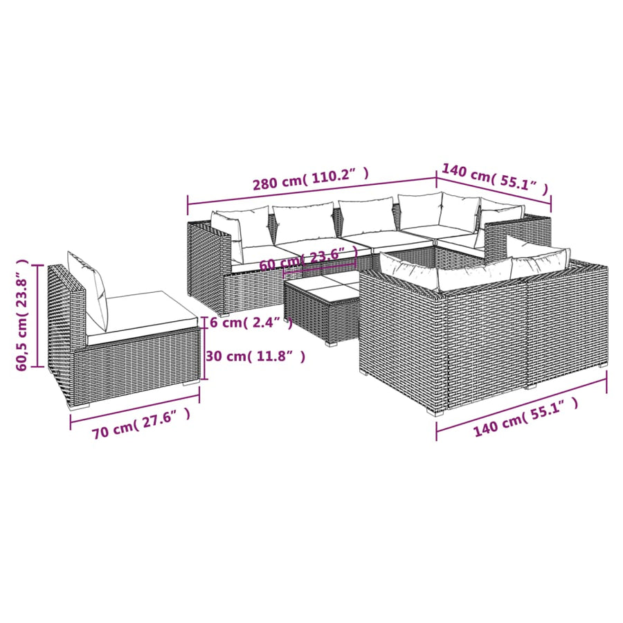 9-Delige Loungeset Met Kussens Poly Rattan 1