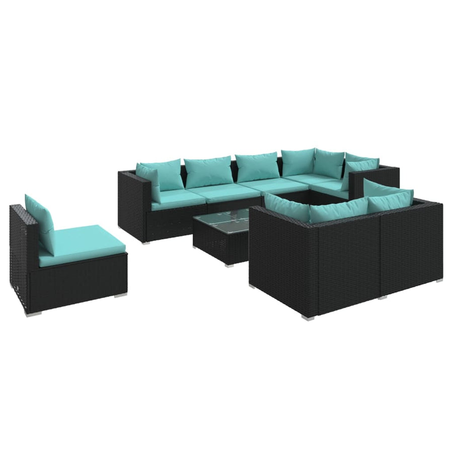 9-Delige Loungeset Met Kussens Poly Rattan Zwart En Blauw 5x hoek + 3x midden + Tafel