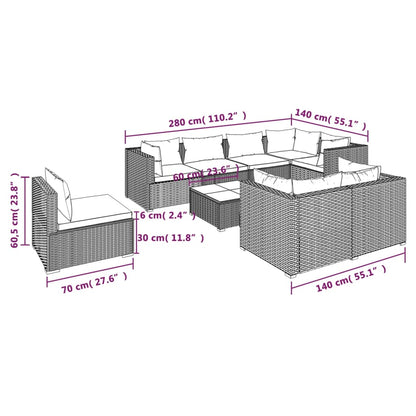 9-Delige Loungeset Met Kussens Poly Rattan Zwart En Blauw 5x hoek + 3x midden + Tafel