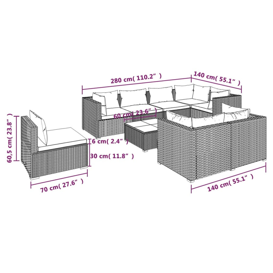 9-Delige Loungeset Met Kussens Poly Rattan Zwart En Blauw 5x hoek + 3x midden + Tafel
