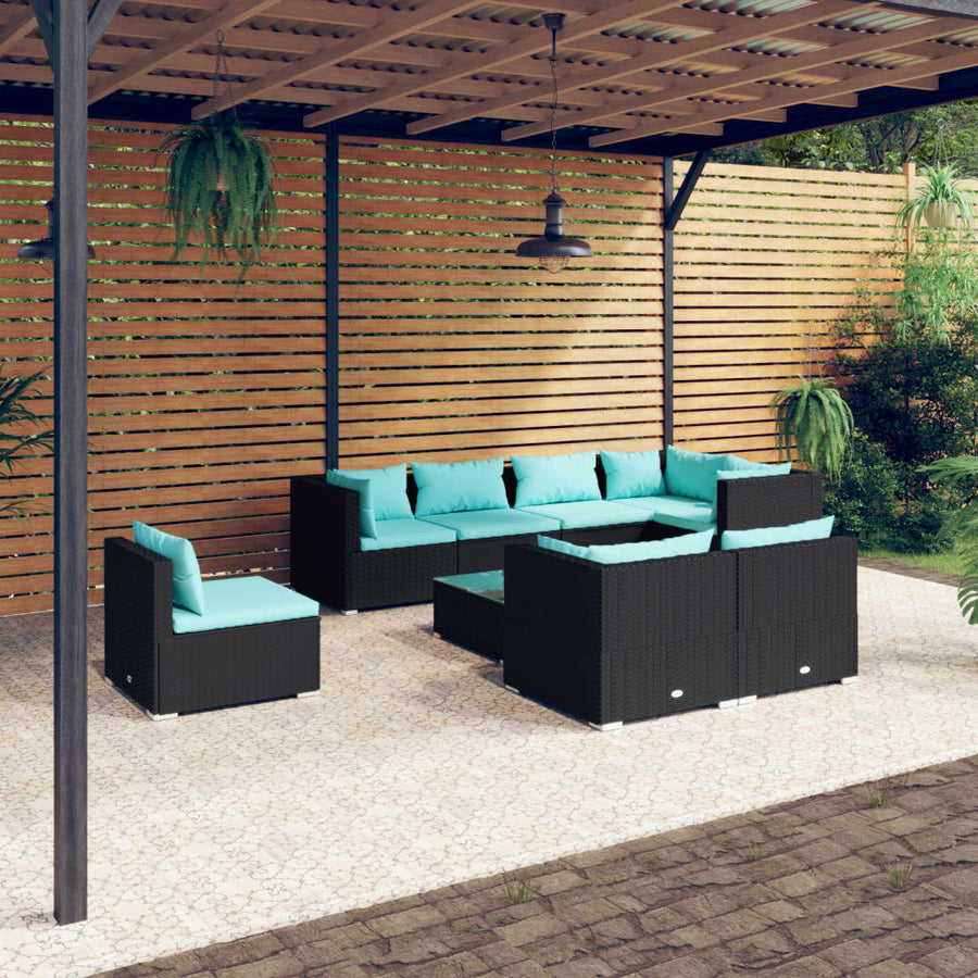 9-Delige Loungeset Met Kussens Poly Rattan Zwart En Blauw 5x hoek + 3x midden + Tafel