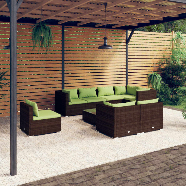 9-Delige Loungeset Met Kussens Poly Rattan Bruin En Groen 5x hoek + 3x midden + Tafel