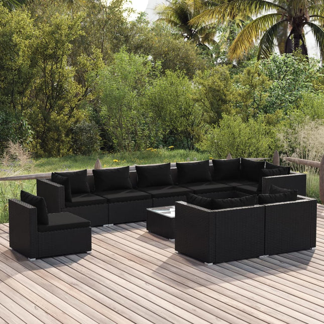 10-delige Loungeset met kussens poly rattan zwart Zwart