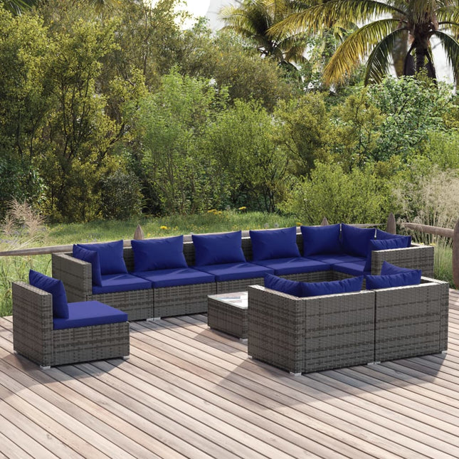 0-Delige Loungeset Met Kussens Poly Rattan Grijs En Donkerblauw 5x hoek + 4x midden + Tafel