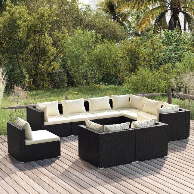 9-delige Loungeset met kussens poly rattan zwart 1 Zwart en crème