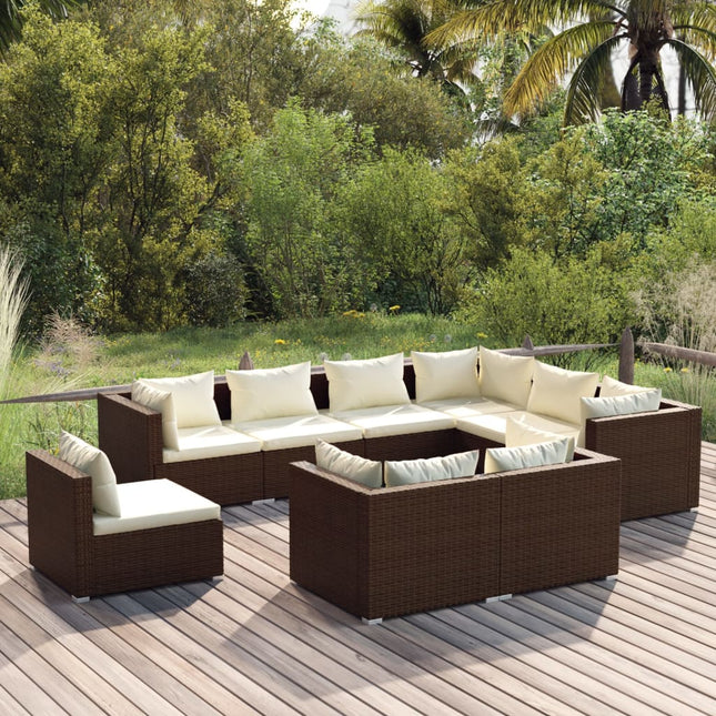 9-delige Loungeset met kussens poly rattan bruin 5x hoek + 4x midden