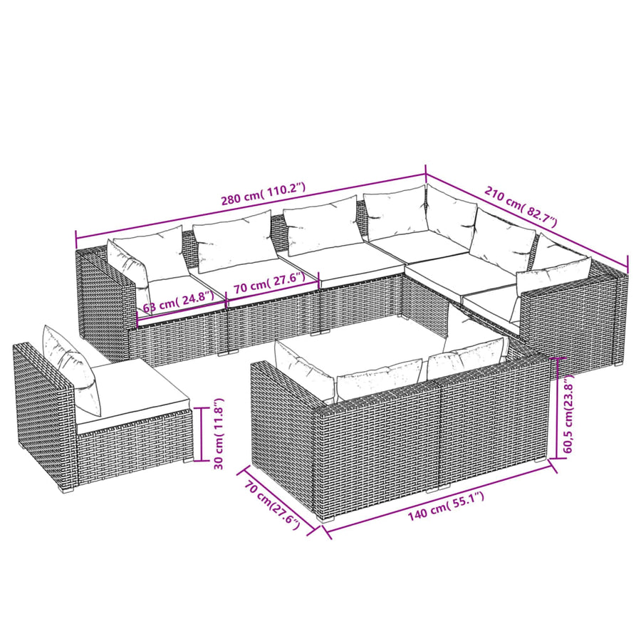 9-Delige Loungeset Met Kussens Poly Rattan 1