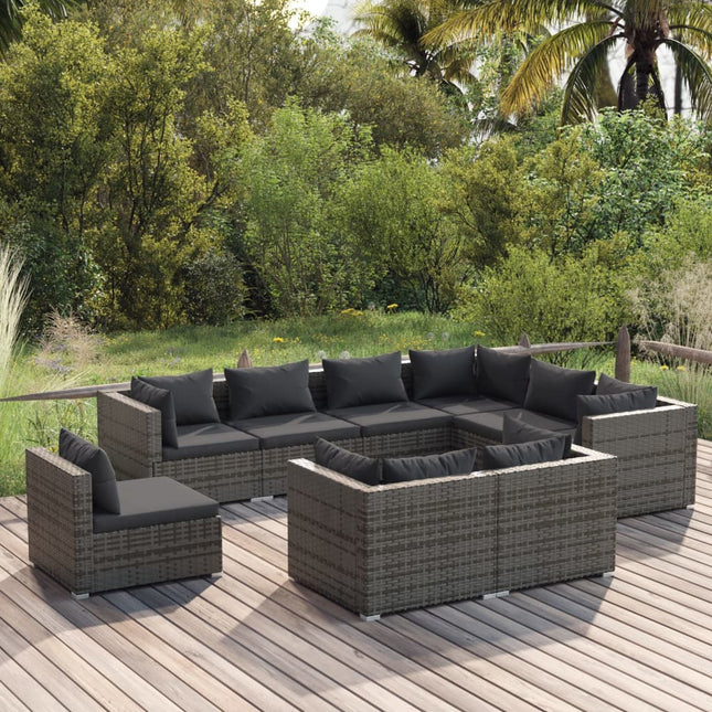 9-Delige Loungeset Met Kussens Poly Rattan Grijs En Antraciet 5x hoek + 4x midden