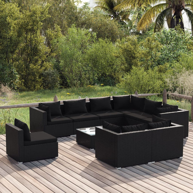 10-delige Loungeset met kussens poly rattan zwart 4x midden + 5x hoek + Tafel