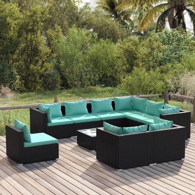 0-Delige Loungeset Met Kussens Poly Rattan Zwart En Blauw 4x midden + 5x hoek + Tafel