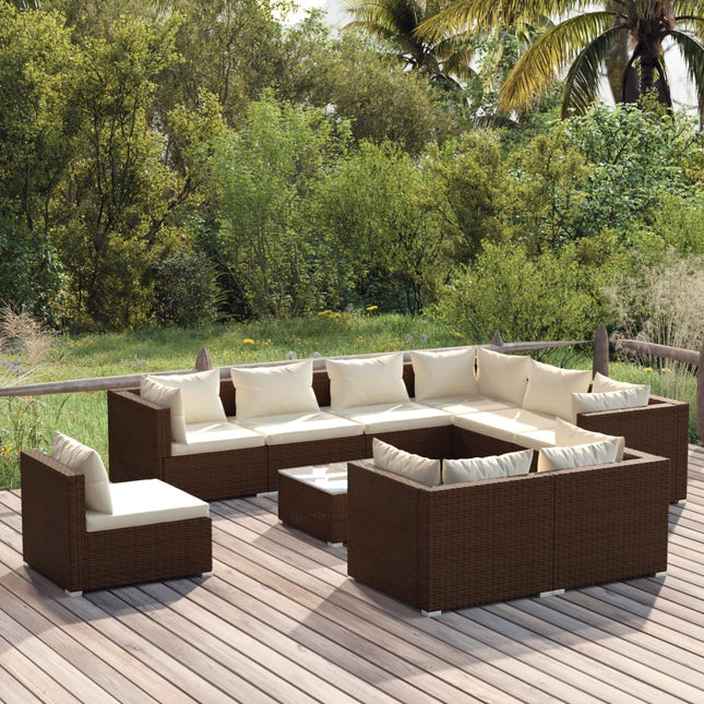 10-delige Loungeset met kussens poly rattan bruin Bruin en crème