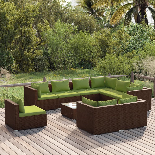 0-Delige Loungeset Met Kussens Poly Rattan Bruin En Groen 4x midden + 5x hoek + Tafel