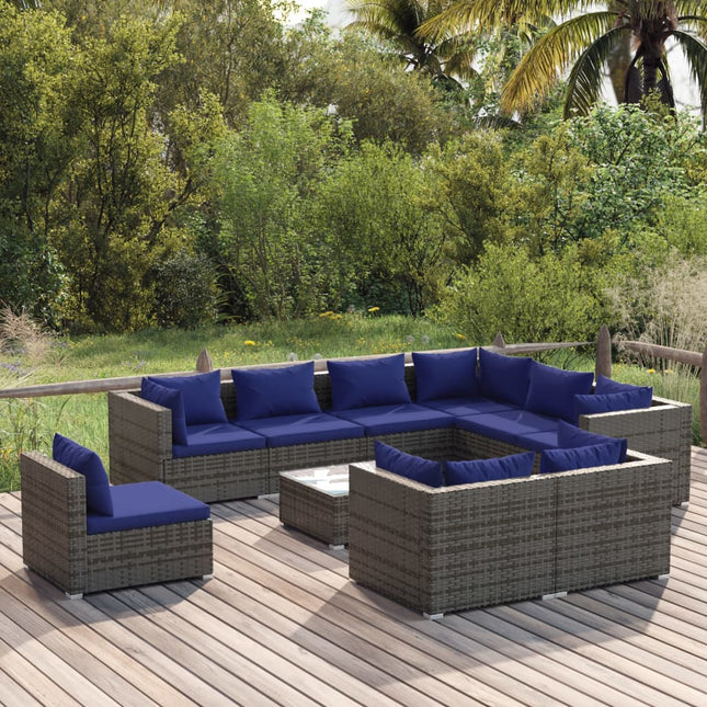 0-Delige Loungeset Met Kussens Poly Rattan Grijs En Donkerblauw 4x midden + 5x hoek + Tafel