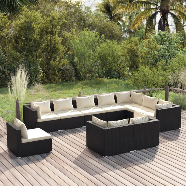 10-delige Loungeset met kussens poly rattan zwart 5x hoek + 5x midden