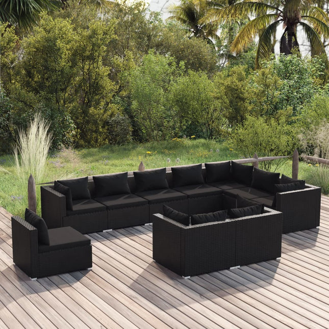 10-delige Loungeset met kussens poly rattan zwart 5x hoek + 5x midden