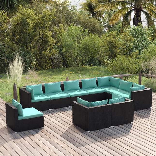 0-Delige Loungeset Met Kussens Poly Rattan Zwart En Blauw 5x hoek + 5x midden