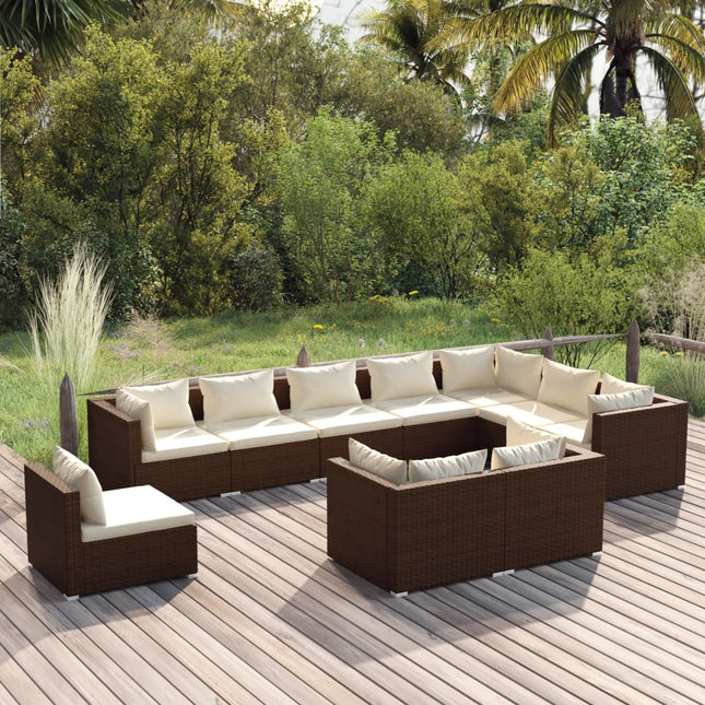 10-delige Loungeset met kussens poly rattan bruin Bruin en crème