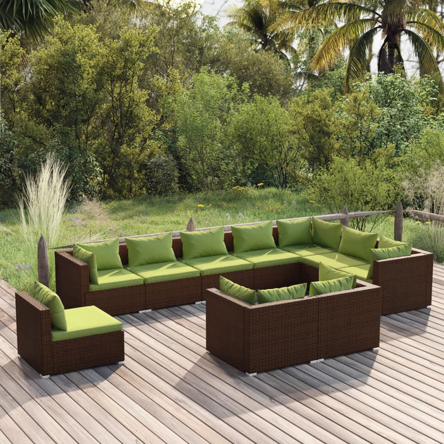 0-Delige Loungeset Met Kussens Poly Rattan Bruin En Groen 5x hoek + 5x midden