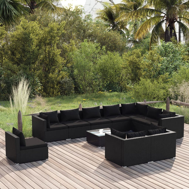 11-delige Loungeset met kussens poly rattan zwart Zwart