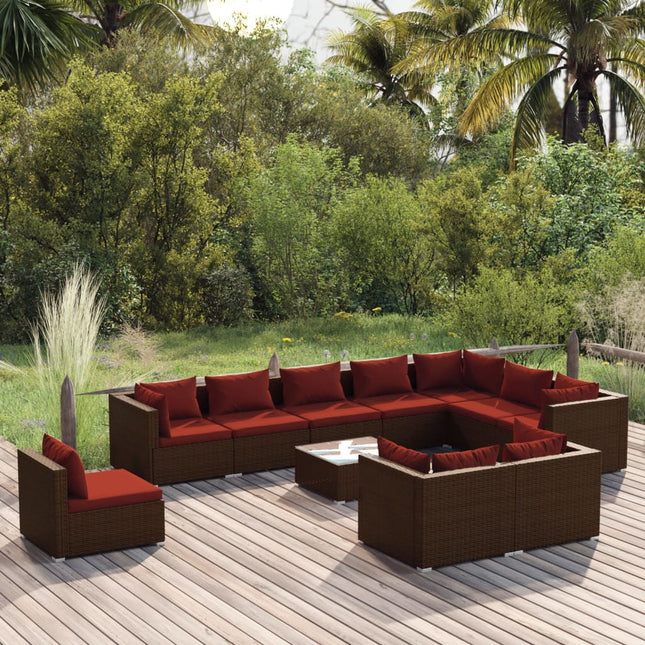 Loungeset met kussens poly rattan 5x hoek + 5x midden + Tafel