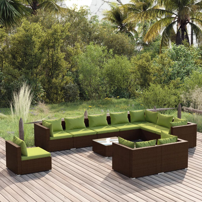 -Delige Loungeset Met Kussens Poly Rattan Bruin En Groen 5x hoek + 5x midden + Tafel