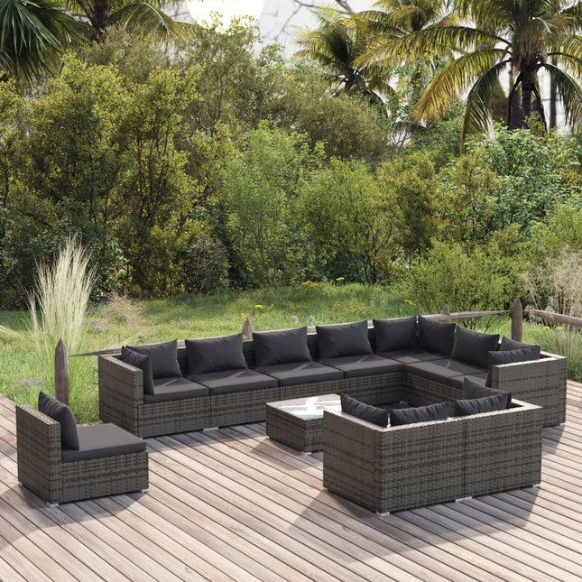 -Delige Loungeset Met Kussens Poly Rattan Grijs En Antraciet 5x hoek + 5x midden + Tafel