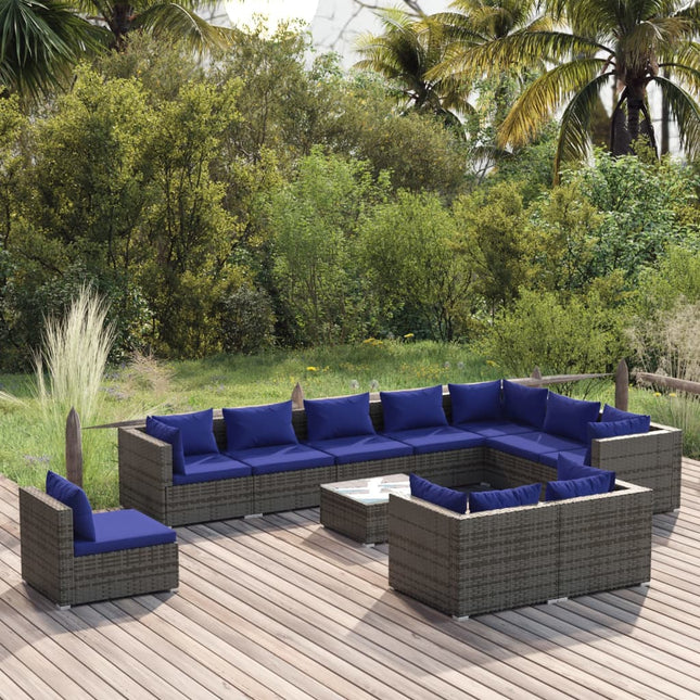 -Delige Loungeset Met Kussens Poly Rattan Grijs En Donkerblauw 5x hoek + 5x midden + Tafel