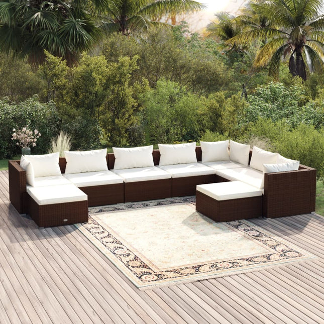 9-delige Loungeset met kussens poly rattan bruin 3x hoek + 4x midden + 2x voetensteun