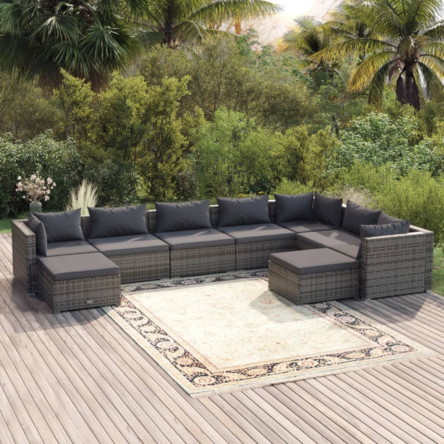 9-Delige Loungeset Met Kussens Poly Rattan Grijs En Antraciet 3x hoek + 4x midden + 2x voetensteun