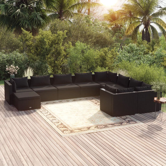 10-delige Loungeset met kussens poly rattan zwart 4x hoek + 5x midden + voetensteun