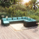 0-Delige Loungeset Met Kussens Poly Rattan Zwart En Blauw 4x hoek + 5x midden + voetensteun