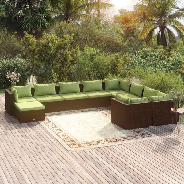 0-Delige Loungeset Met Kussens Poly Rattan Bruin En Groen 4x hoek + 5x midden + voetensteun