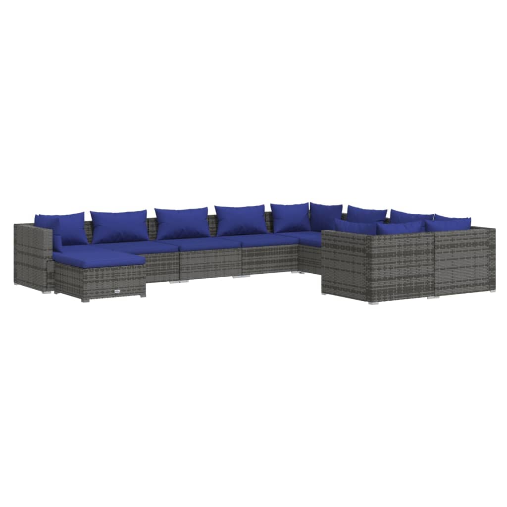 0-Delige Loungeset Met Kussens Poly Rattan Grijs En Blauw 4x hoek + 5x midden + voetensteun