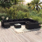 11-delige Loungeset met kussens poly rattan zwart 4x hoek + 5x midden + voetensteun + Tafel