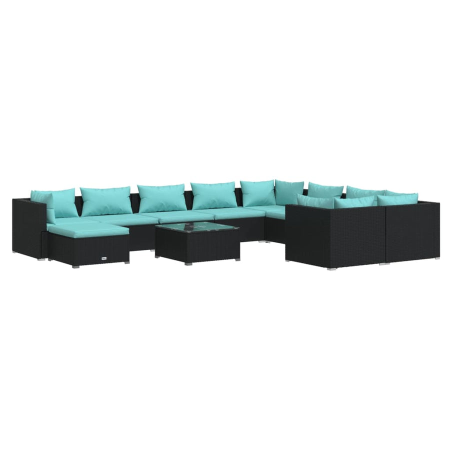 -Delige Loungeset Met Kussens Poly Rattan Zwart En Blauw 4x hoek + 5x midden + voetensteun + Tafel
