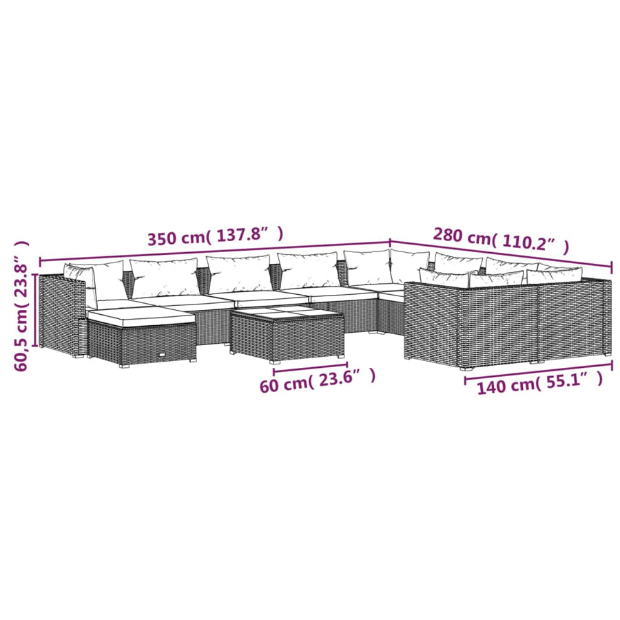 -Delige Loungeset Met Kussens Poly Rattan Zwart En Blauw 4x hoek + 5x midden + voetensteun + Tafel