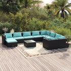 -Delige Loungeset Met Kussens Poly Rattan Zwart En Blauw 4x hoek + 5x midden + voetensteun + Tafel