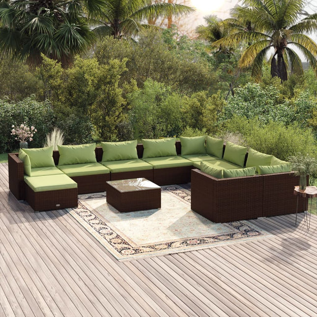 -Delige Loungeset Met Kussens Poly Rattan Bruin En Groen 4x hoek + 5x midden + voetensteun + Tafel