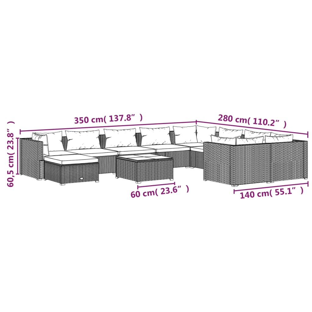 11-delige Loungeset met kussens poly rattan grijs