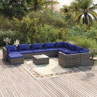 -Delige Loungeset Met Kussens Poly Rattan Grijs En Blauw 4x hoek + 5x midden + voetensteun + Tafel