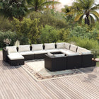 11-delige Loungeset met kussens poly rattan zwart 4x hoek + 6x midden + voetensteun