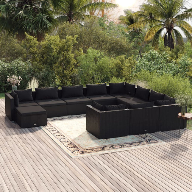 11-delige Loungeset met kussens poly rattan zwart 4x hoek + 6x midden + voetensteun