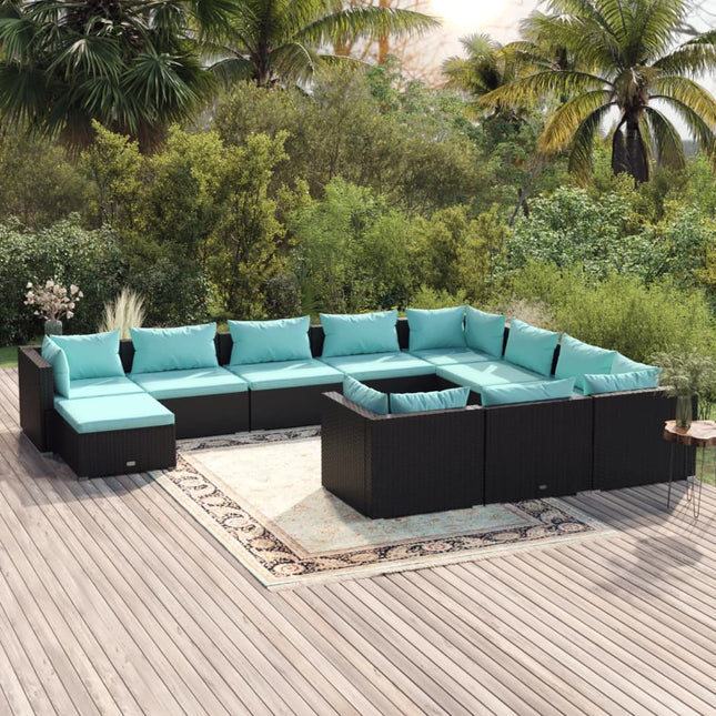 -Delige Loungeset Met Kussens Poly Rattan Zwart En Blauw 4x hoek + 6x midden + voetensteun