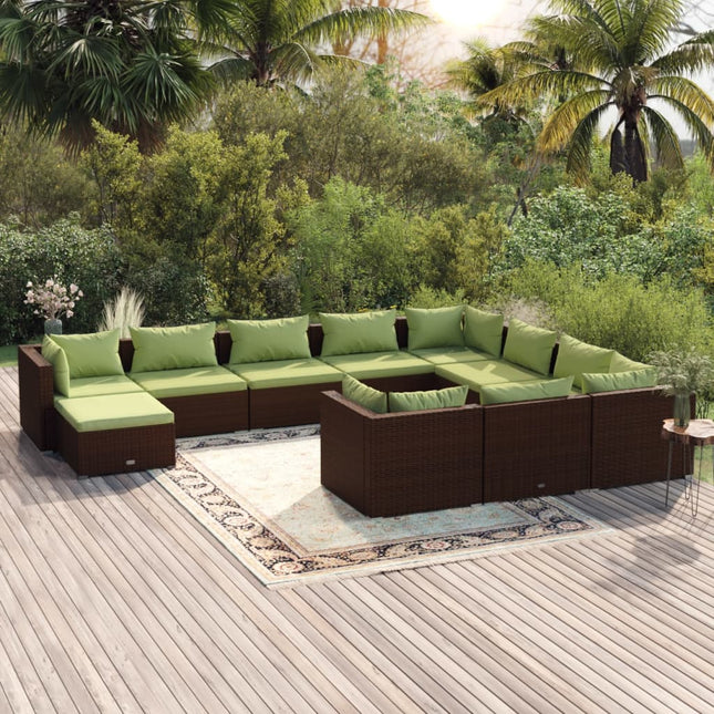 -Delige Loungeset Met Kussens Poly Rattan Bruin En Groen 4x hoek + 6x midden + voetensteun