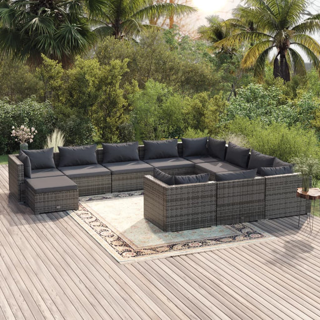 -Delige Loungeset Met Kussens Poly Rattan Grijs En Antraciet 4x hoek + 6x midden + voetensteun