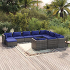 -Delige Loungeset Met Kussens Poly Rattan Grijs En Blauw 4x hoek + 6x midden + voetensteun