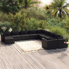 11-delige Loungeset met kussens poly rattan zwart 6x midden + 4x hoek + voetensteun