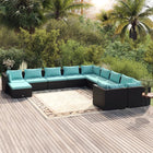 -Delige Loungeset Met Kussens Poly Rattan Zwart En Blauw 6x midden + 4x hoek + voetensteun