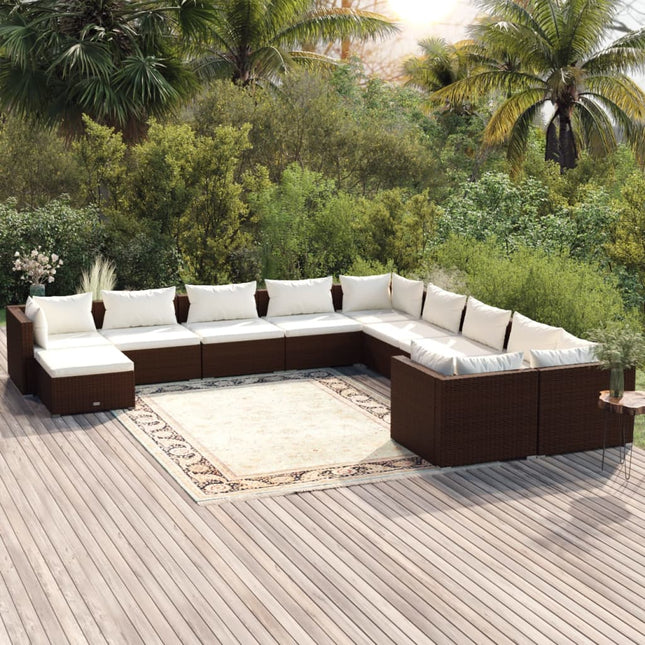 11-delige Loungeset met kussens poly rattan bruin 6x midden + 4x hoek + voetensteun